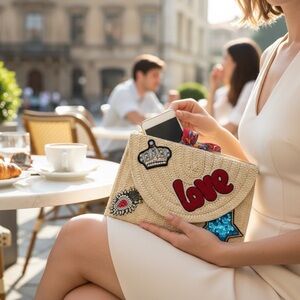 BTB Los Angeles Embroidered Beige Clutch with Love Motif Fun Patches Eccentric